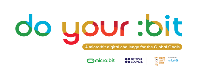 do your :bit logotipo com o marcador 'um desafio digital micro:bit para os objectivos globais' ao lado do micro:bit, Conselho Britânico, a maior lição e os maiores logotipos Unicef.