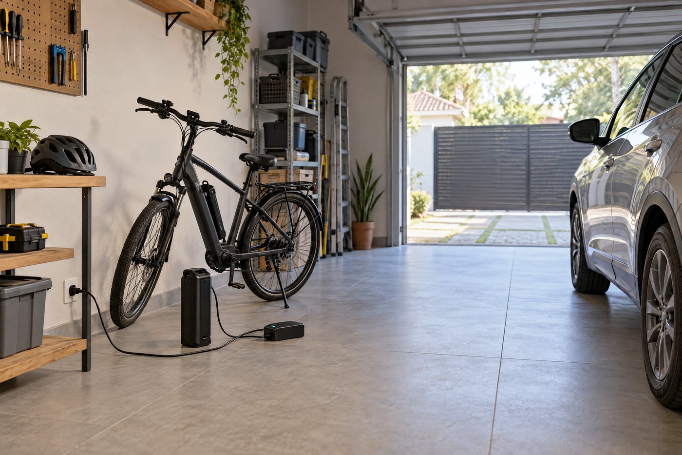 Imagem ilustrativa de bicicleta elétrica carregando em garagem ventilada, longe de materiais que podem pegar fogo e da saída.