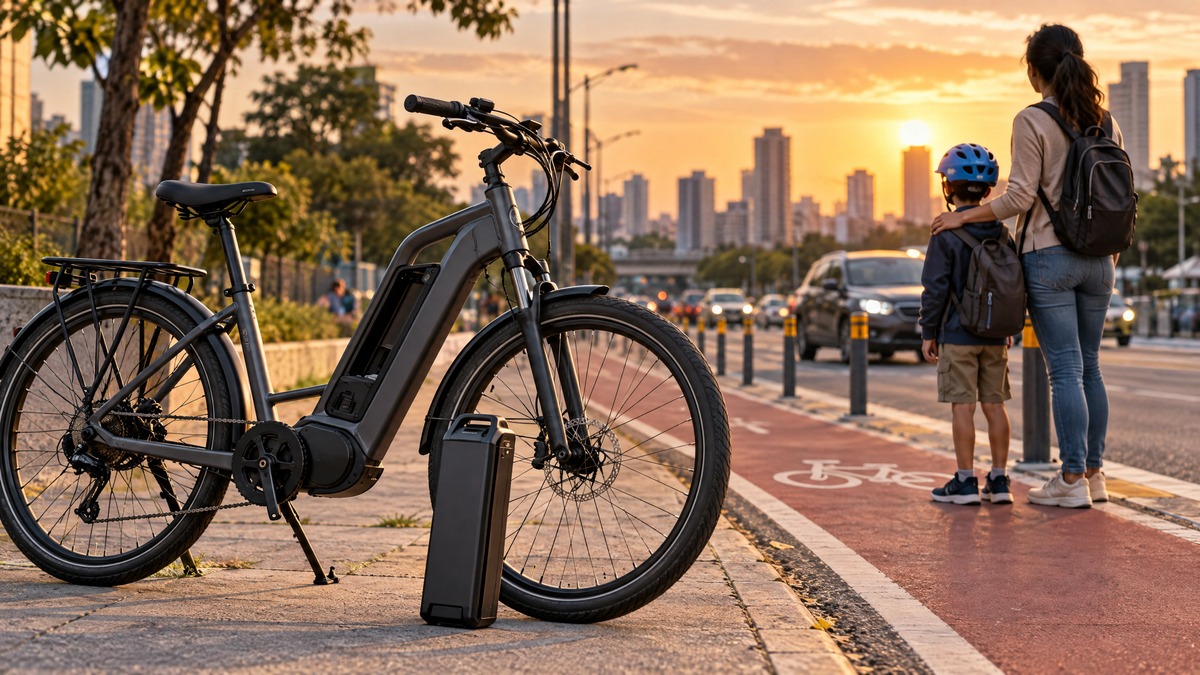Imagem ilustrativa de bicicleta elétrica e criança acompanhada por adulto em ambiente urbano.