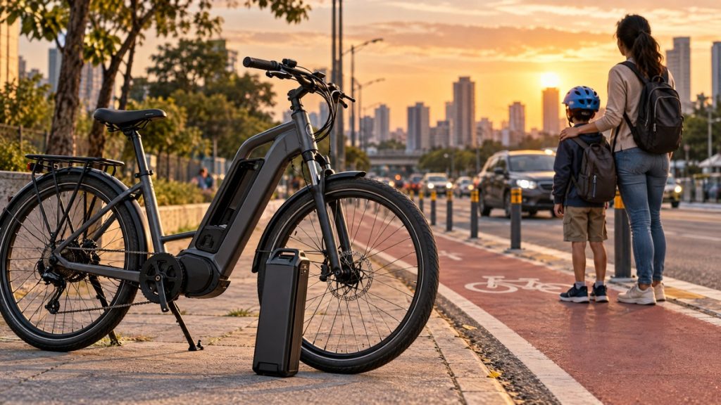 Capa: bicicleta elétrica sem marca, bateria removível e criança acompanhada por adulto em contexto urbano.