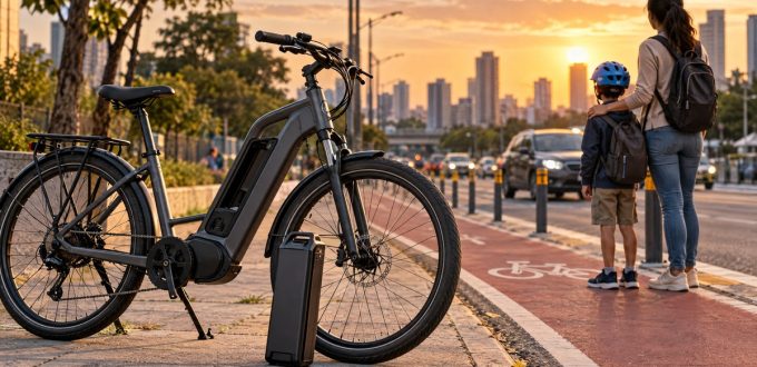 Capa: bicicleta elétrica sem marca, bateria removível e criança acompanhada por adulto em contexto urbano.