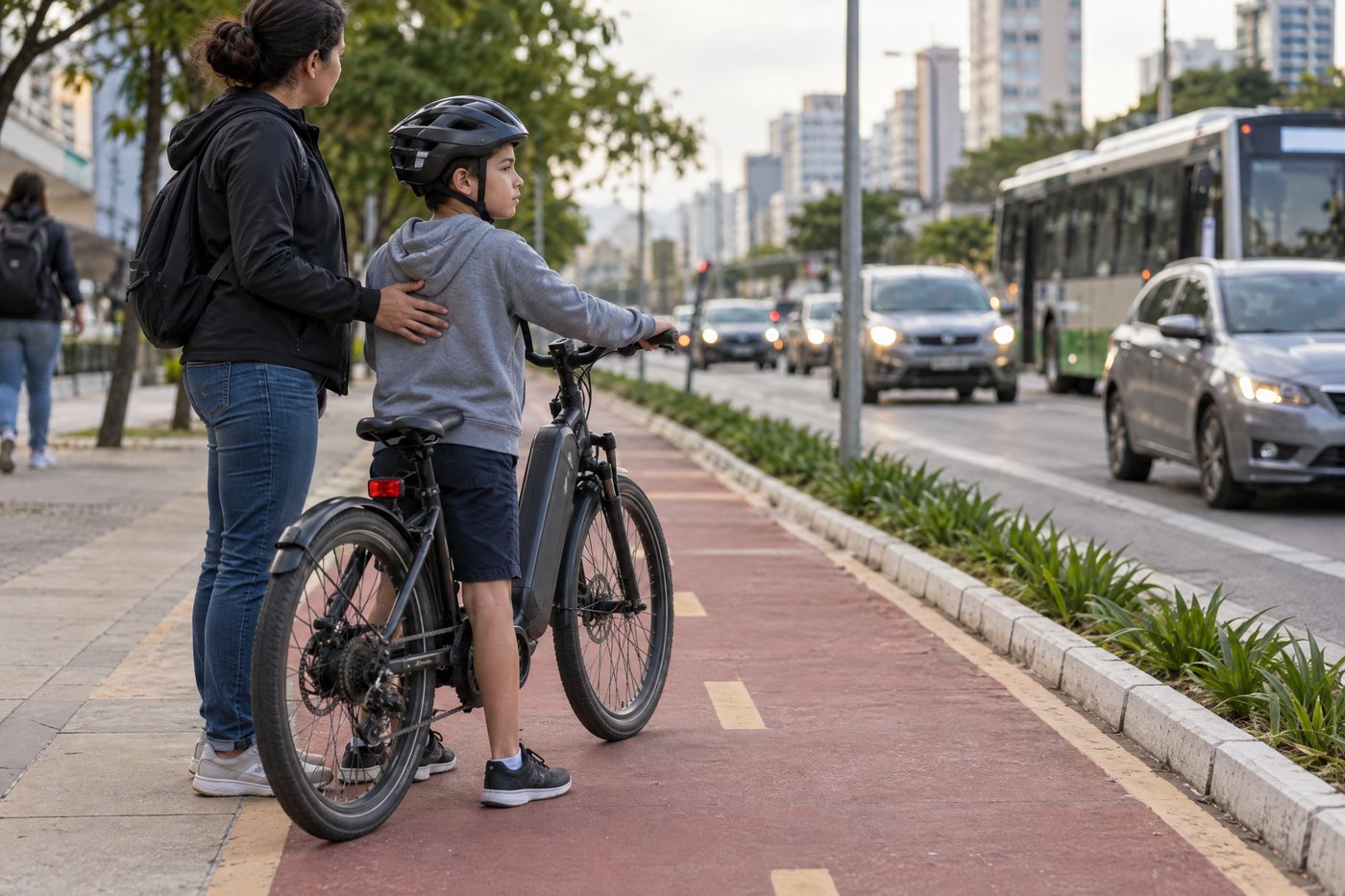 Imagem ilustrativa de criança usando capacete e acompanhada por adulto em ciclovia.