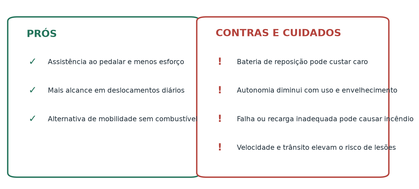 Quadro com vantagens e cuidados ao comprar uma bicicleta elétrica.